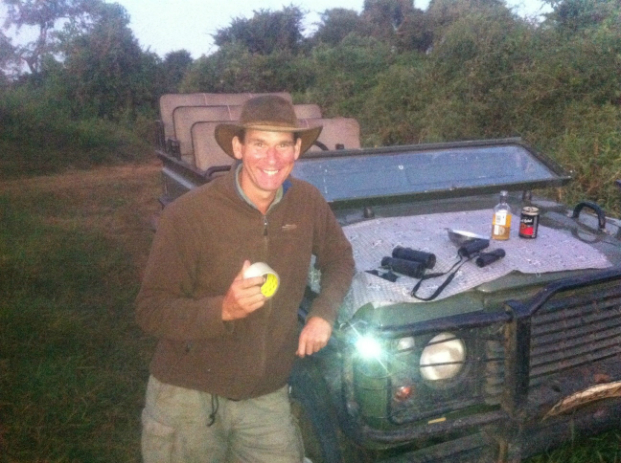 Taping a torch to the bull bars of the Landy