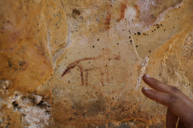 Rock art paintings being pointed out, Makuleke
